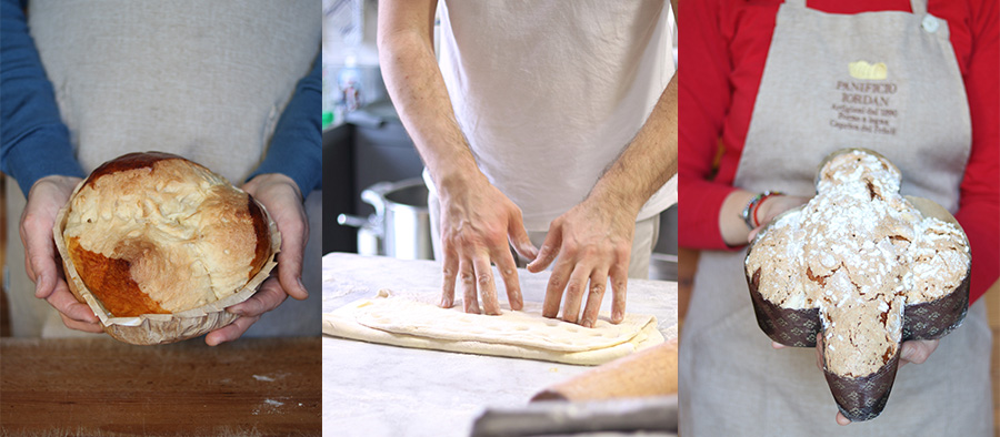 Le mani del Panificio Iordan mostrano una gubana, un impasto, una colomba